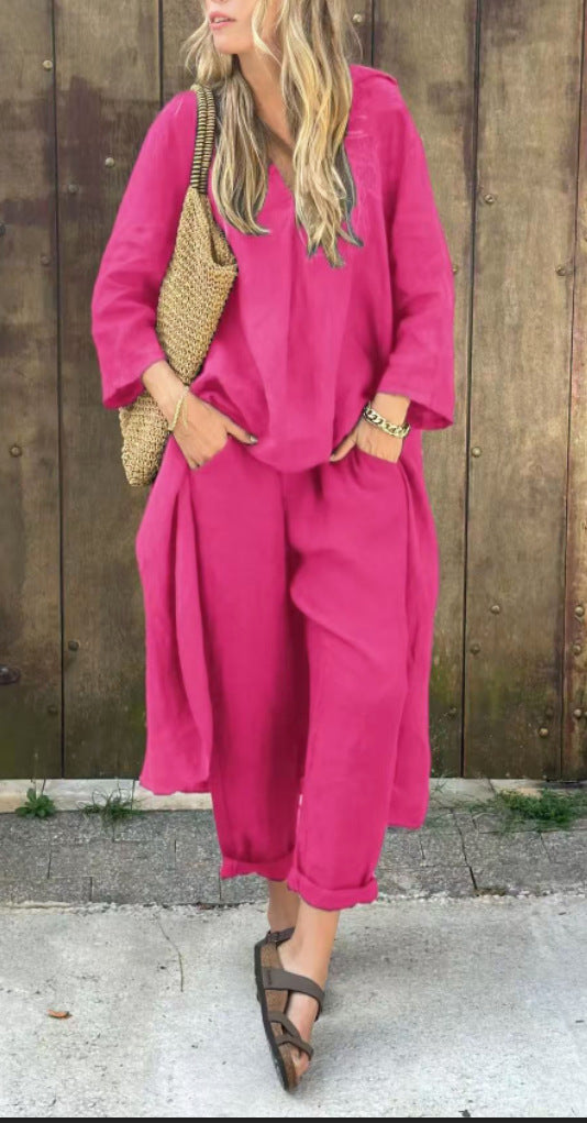 Chic 2-Piece Set: Loose V-Neck Long Sleeve Top & High-Waist Wide Leg Pants with Pockets – Effortless Elegance for Women