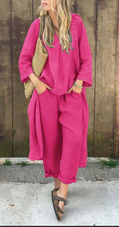 Chic 2-Piece Set: Loose V-Neck Long Sleeve Top & High-Waist Wide Leg Pants with Pockets – Effortless Elegance for Women