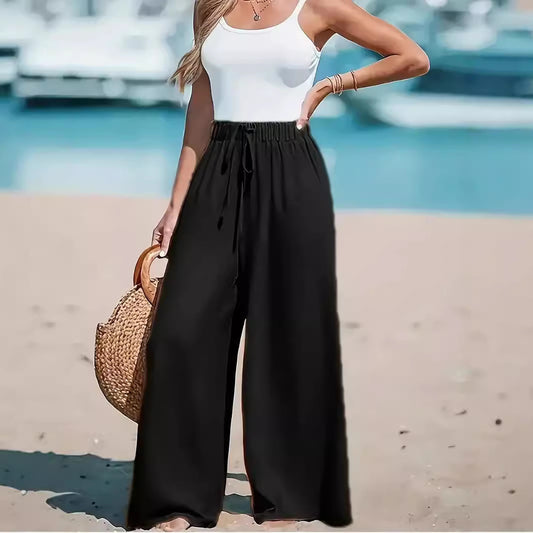 Effortless Chic: Women's Loose Fit Wide-Leg Trousers with Faux Drawstring