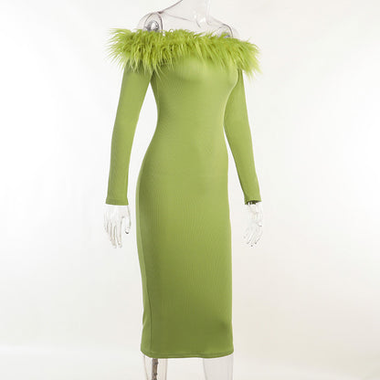 Off-the-shoulder midi dress adorned with feathers